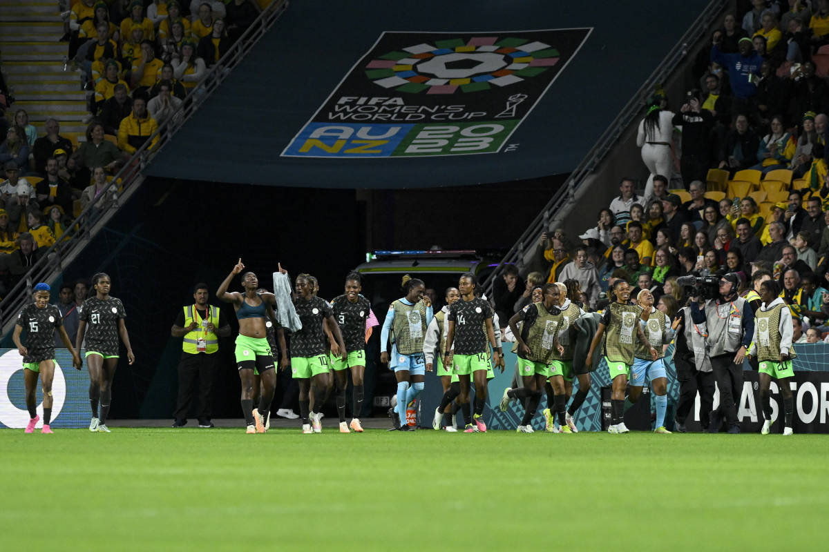 Nigeria players pictured celebrating a goal during their 3-2 win over Australia at the 2023 FIFA Women's World Cup